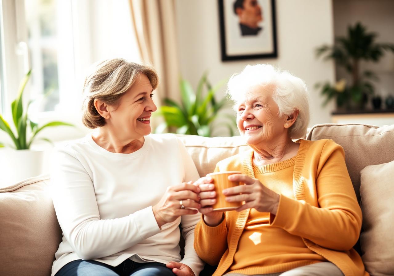 Caregiver sharing a moment with a senior woman at home