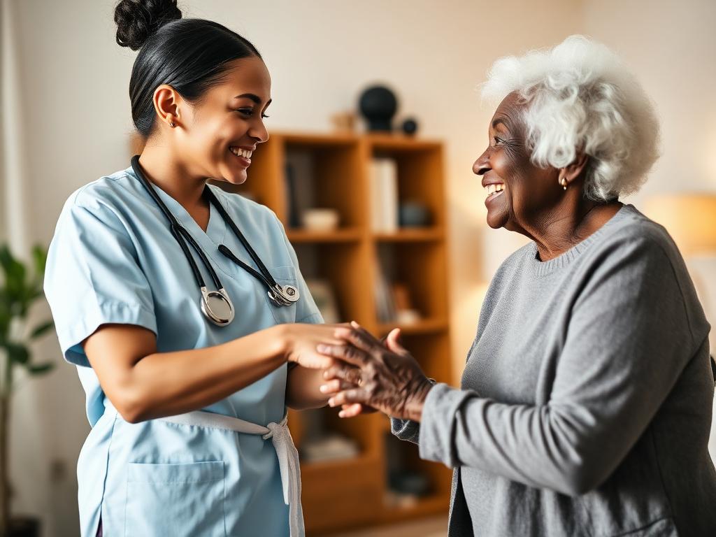 Caregiver holding hands with senior woman